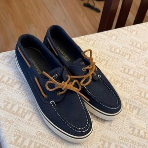Sperry Dark Blue Boat Shoes with Brown Laces